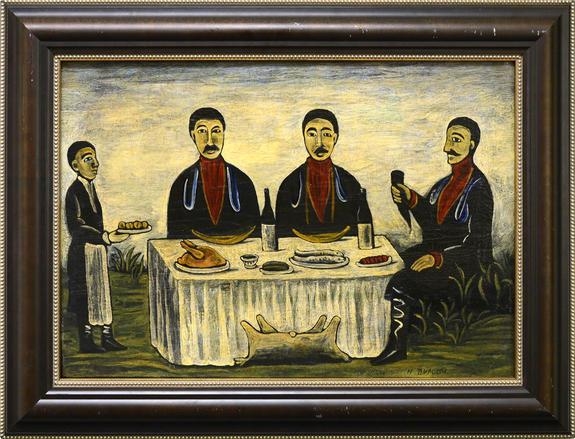 Artwork by Niko Pirosmani, Three Men at Dinner, Made of oil on canvas