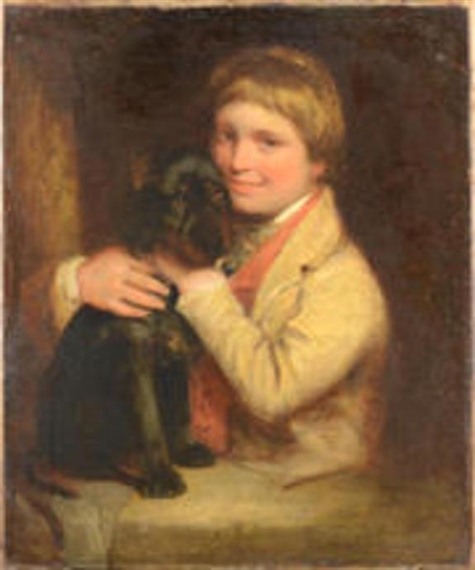 a boy and his dog painting