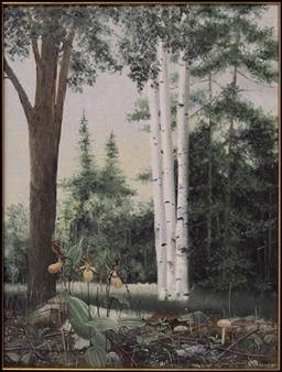 A detailed forest scene featuring a large tree, birch trees, and wildflowers.