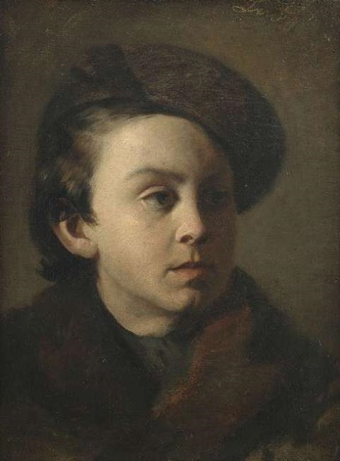 Portrait of a boy wearing a dark coat with fur trimming and cap in three quarter view to the right by Franz Seraph von Lenbach