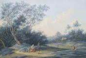Wooded landscape with peasants on a muddy driveway by German School, 18th Century