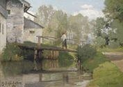 Summery landscape with a man carrying a scythe on a bridge by Gustav Schönleber, 1873