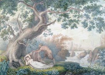 Satyr and Nymph in front of a river landscape - Goffredo Morra