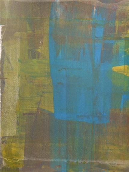 An abstract composition featuring layered vertical strokes of blue, green, and brown.