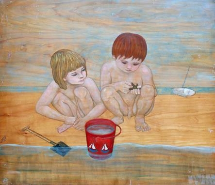 A nostalgic painting of two nude figures playing on a beach with a red bucket and toy boat.