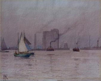 River scene with various shipping - Robert Allensmore Lowe