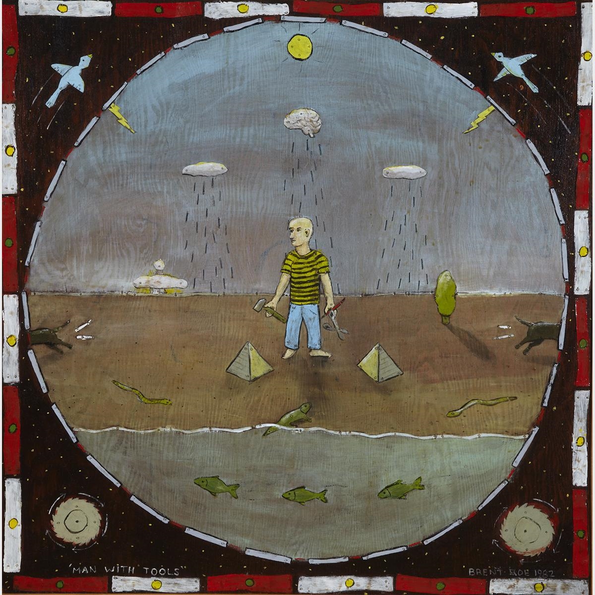 Artwork by Brent Roe, MAN WITH TOOLS, Made of acrylic and tin on wood