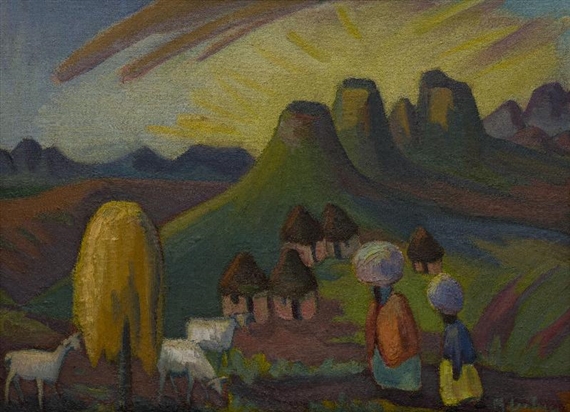 Landscape with huts by Maggie Laubser
