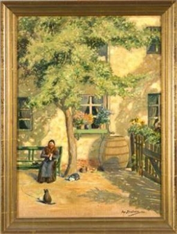 Gartenstück mit strickender Oma und spielenden Katzen unterm Obstbaum - Jos. Stiefvater