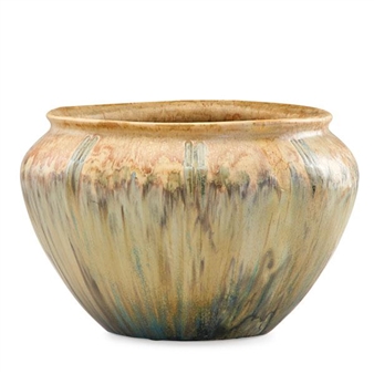 Rare and large porcelain jardiniere, multicolor drip glaze and stylized cattails, Syracuse, NY - Adelaide Alsop Robineau