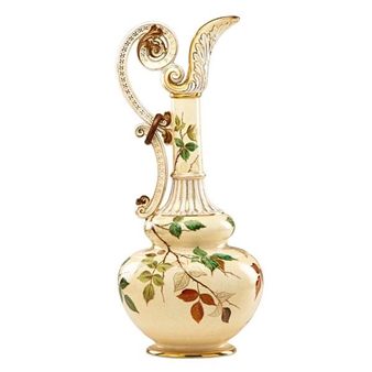 Tall glazed ceramic Aesthetic Movement ewer with birds, berries, and roses, New York - Edward Lycett