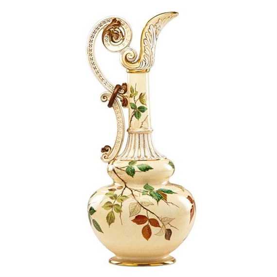 Tall glazed ceramic Aesthetic Movement ewer with birds, berries, and roses, New York - Edward Lycett