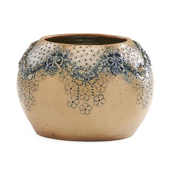 Rare salt-glazed stoneware vase with applied garland and carved flowers, Milkwaukee, WI - Susan Frackelton