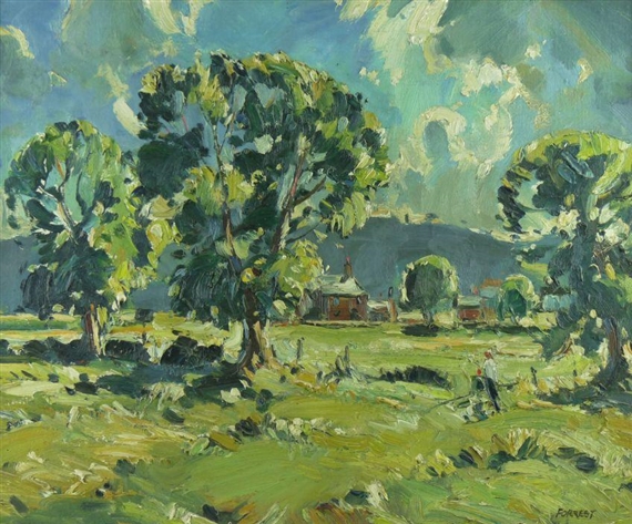 Expansive Conwy valley harvesting scene with figures by Edwin Vincent Forrest