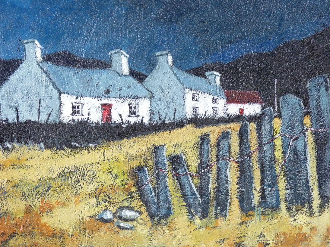 Artwork by Gwyn Owen, Quarry cottages and slate fence, Made of acrylic on board