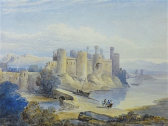 Southern view of Conwy Castle with bridge and figures etc - A. C. Malkin