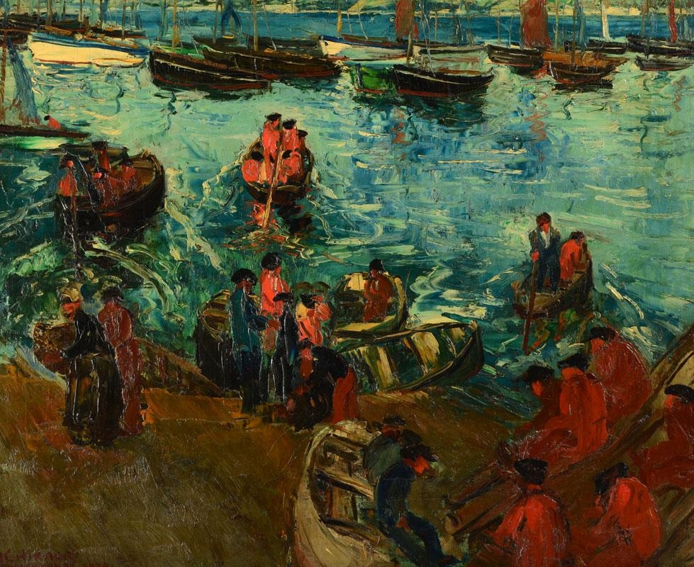 Artwork by Kamesuke Hiraga, Fishermen in the Harbor, labeled lower left Douarnenez, Made of oil on board