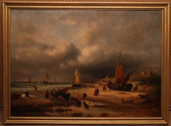 Coastal Scene - beach with many people by Georg Willem Opdenhoff