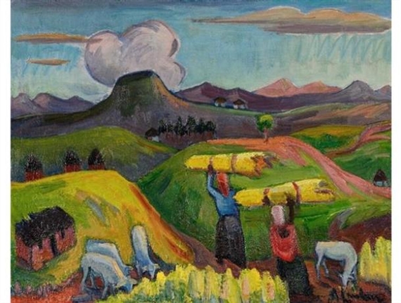 Landscape with Sheep and Two Wood Carriers by Maggie Laubser