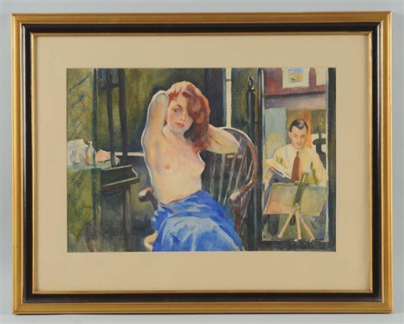 Artist in studio with model by John Lavalle, 1929