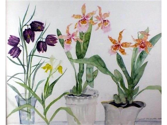 Orchid - Iris Bucharica - Fritallaria Meleagris by Elizabeth Blackadder, 1989