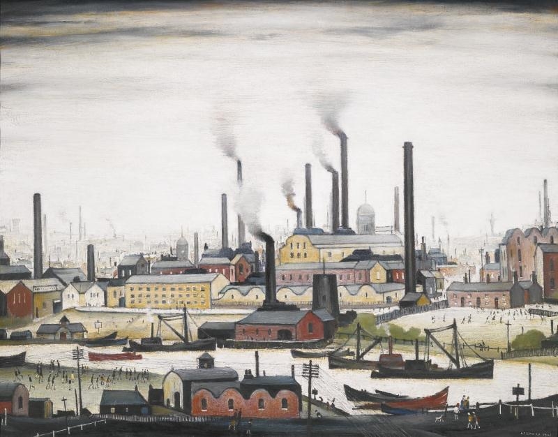 Artwork by Laurence Stephen Lowry, A RIVER BANK, Made of oil on canvas