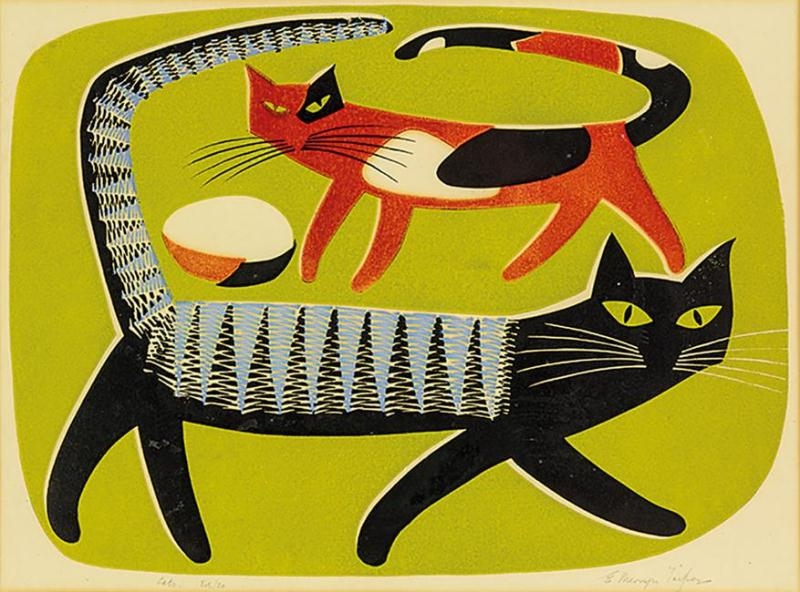 Artwork by E. Mervyn Taylor, Cats, Made of colour linocut
