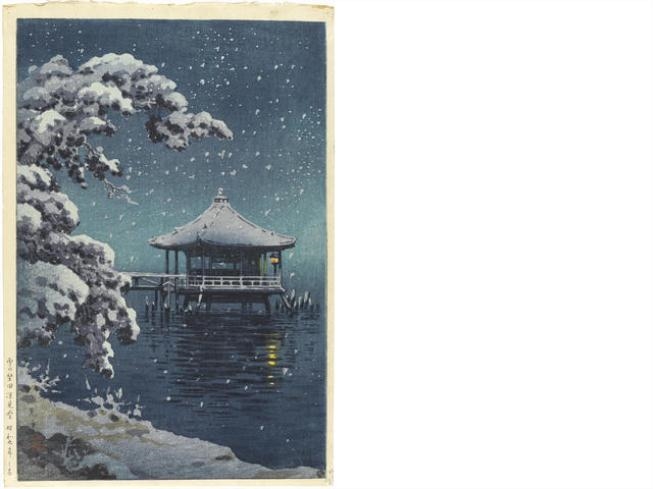 Artwork by Tsuchiya Koitsu, Snow at Katata Ukimido, Made of Woodblock print
