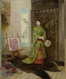 Interior with a noblewoman in Japanese costume by Auguste Blondel