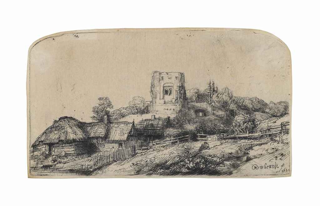 Artwork by Rembrandt van Rijn, Landscape with a square Tower (B., Holl. 218; H. 245; New Holl. 250), Made of etching with drypoint