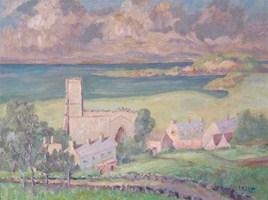 Coastal view of a village with a church - T. Sitch