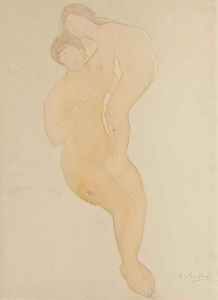 Artwork by Auguste Rodin, Deux femmes, l'une se tenant en équilibre sur l'autre, Made of gouache, pencil and watercolour on paper