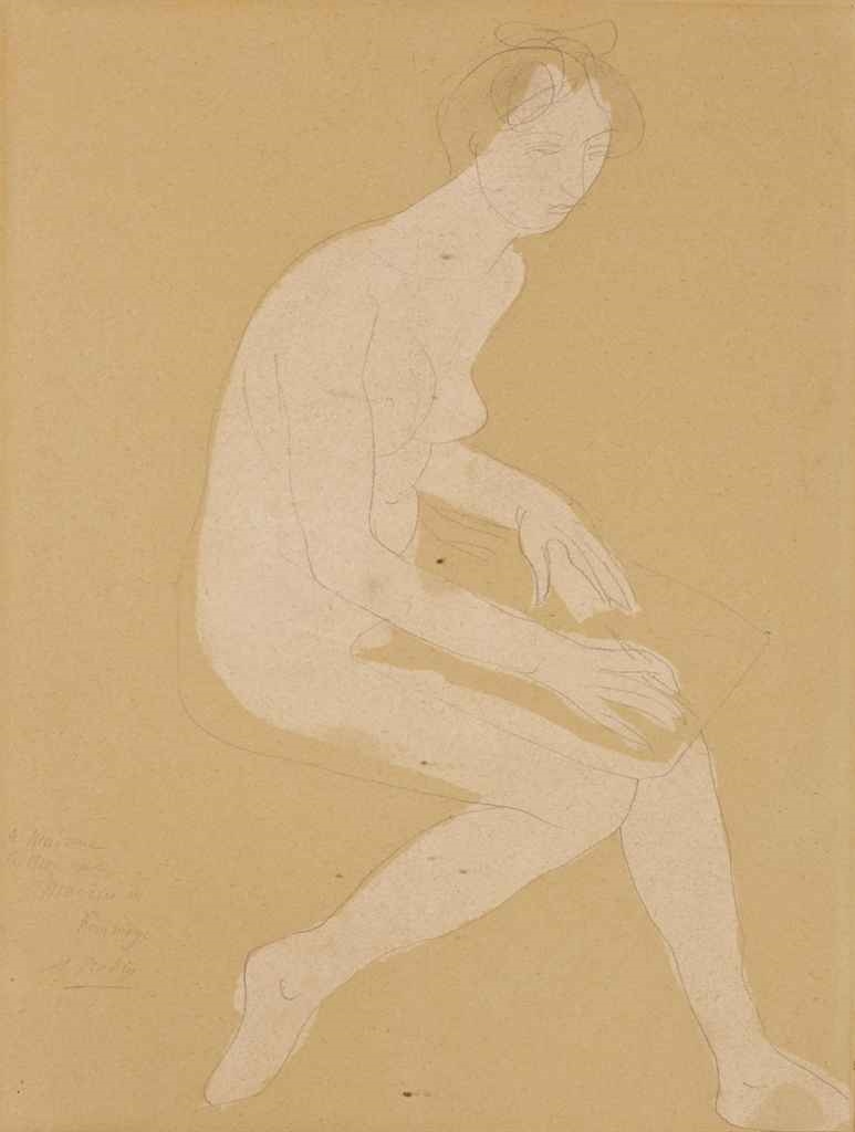 Artwork by Auguste Rodin, Femme nue assise, écrivant, Made of watercolour and pencil on paper