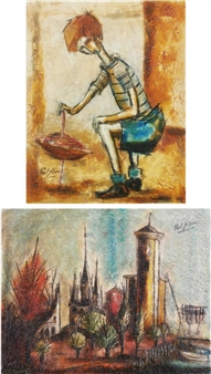 2 Works: Village View; Boy Playing - Don Cincone