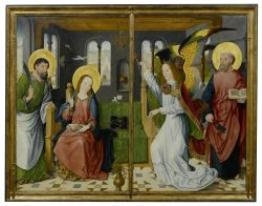 Two altarpiece wings: The Annunciation, with Saints Bartholomew and Peter - Master of the Holy Kinship