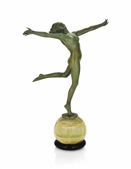 MODELLED AND CAST AS A NAKED YOUNG WOMAN RUNNING WITH HER ARMS OUTSTRETCHED AND HER HEAD THROWN BACK by Josef Lorenzl, circa 1925