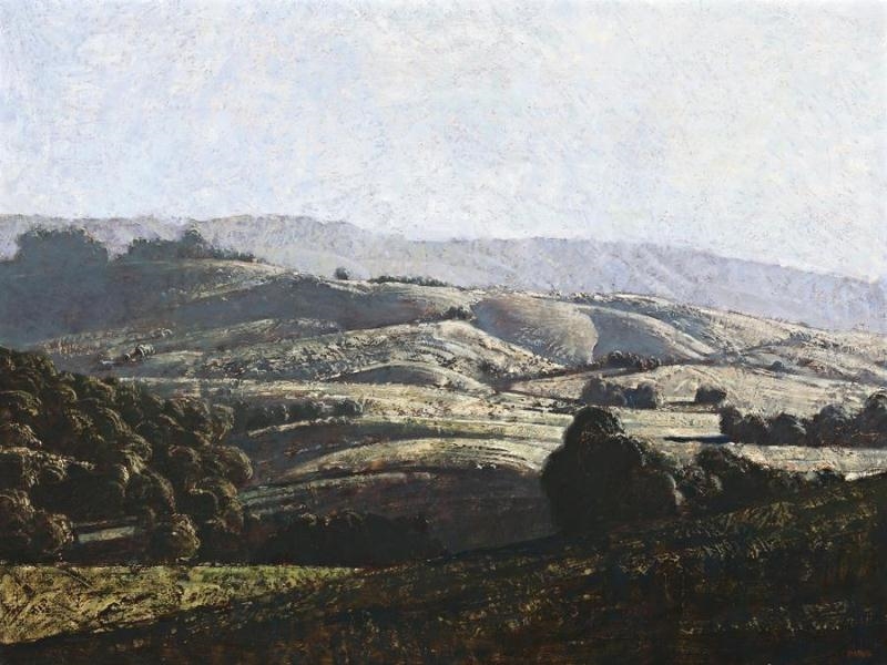 Artwork by Lawrence Daws, LANDSCAPE BEHIND BYRON, Made of oil on board