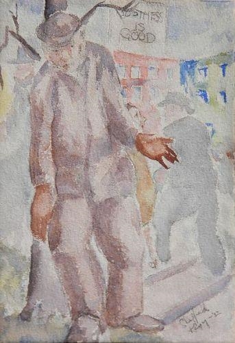 A watercolor street scene featuring a central figure in a hat and coat, rendered with soft, impressionistic strokes.