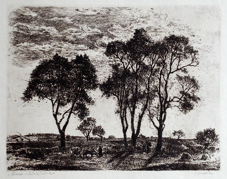 Artwork by Jindřich Mahelka, Pre-evening in meadows, Made of etching