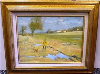 Man Walking a Dog on a Country Lane - David Curtis