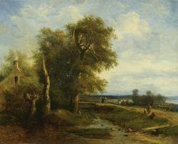 Wide French Landscape with Figures and Animals in the Foreground by Camille Joseph Etienne Roqueplan