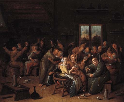 Monks merrymaking in a tavern by Jan Jacobsz Molenaer