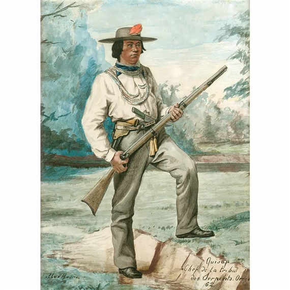 Chief de la Tribu des Serpents Oregon tenant un fusil dans un paysage by Alexandre Homo, 1862
