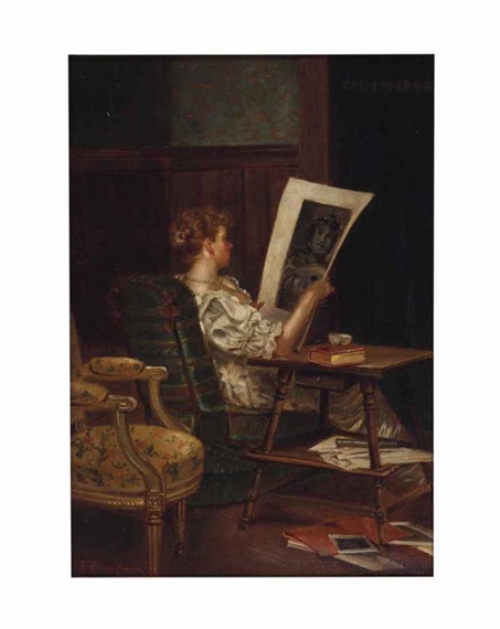 2 works: Elegant lady in an interior; and a companion work by another hand of a still life of flowers in a decorative vase in a landscape by Donatus Buongiorno