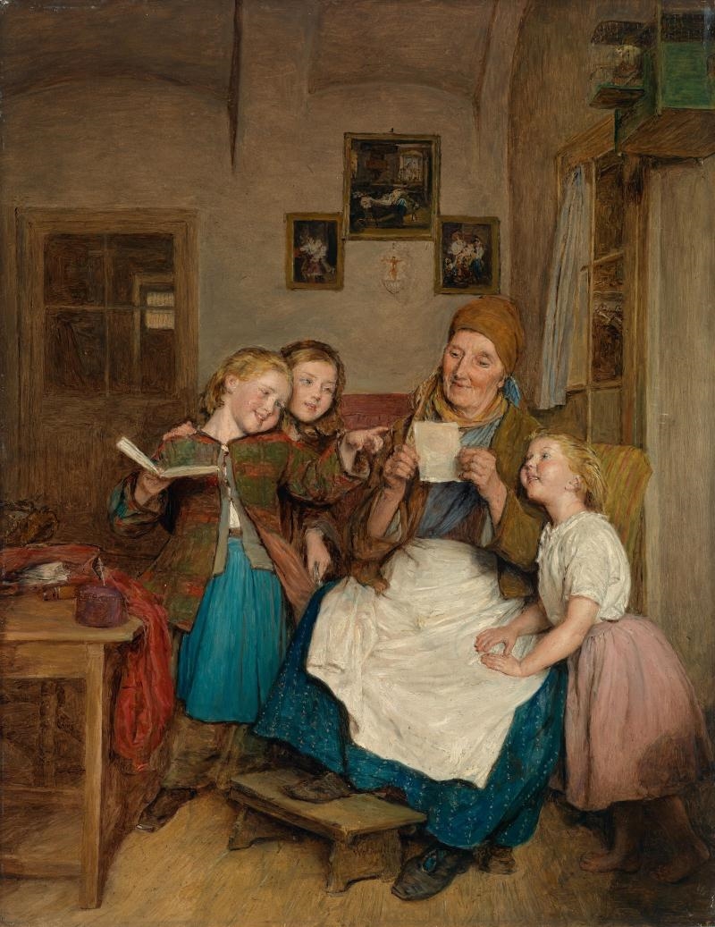 Artwork by Ferdinand Georg Waldmüller, Grandmother with Three Grandchildren, Made of oil on panel