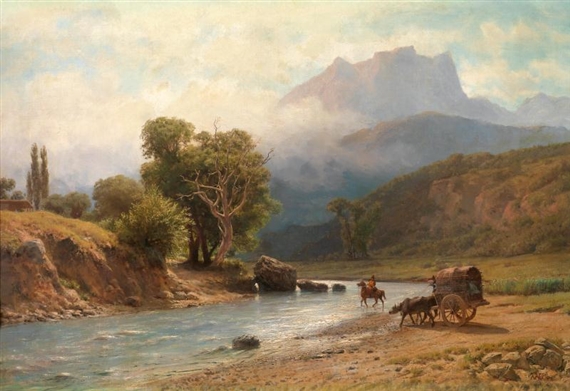 Crossing the Ford, the Mountains of the Causcasus in the background by Lev Felixovich Lagorio