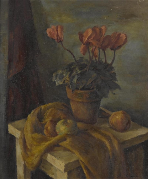 Still life with cyclamen and apples by Sueo Serisawa