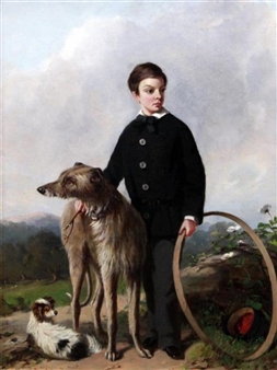 Portrait of a boy standing with a deerhound and a spaniel - G. F. Day