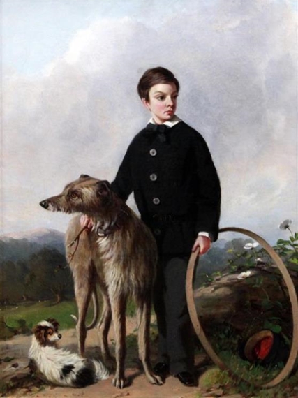 Portrait of a boy standing with a deerhound and a spaniel by G. F. Day