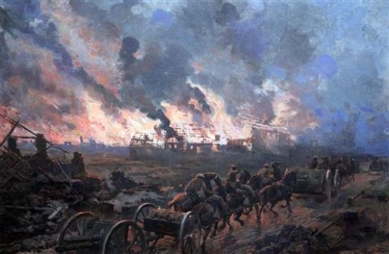 Gunners passing burning buildings, illustration for The Spher by Ugo Matania, May 26, 1917